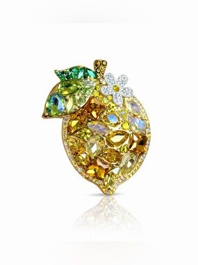 Gold-Tone Lemon Crystal Brooch with Green Leaf and White Flower